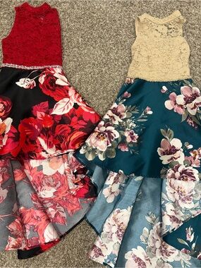 Xtraordinary Girls Floral High-Low Dresses in Red & Teal with Cream Lace Tops